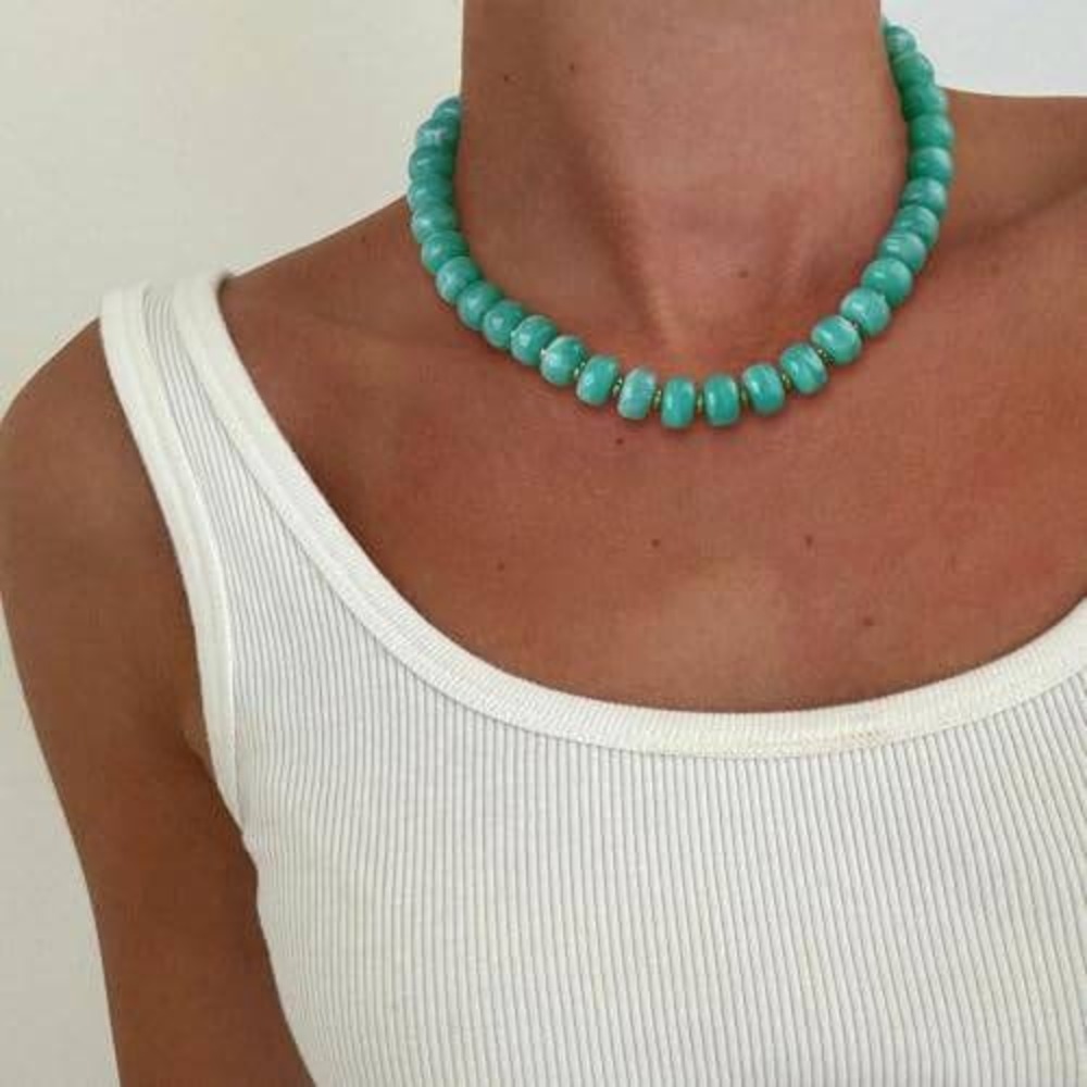 Turquoise Marbled Bead Statement Necklace Gold Tone Adjustable Chunky Jewelry - Picture 3 of 3